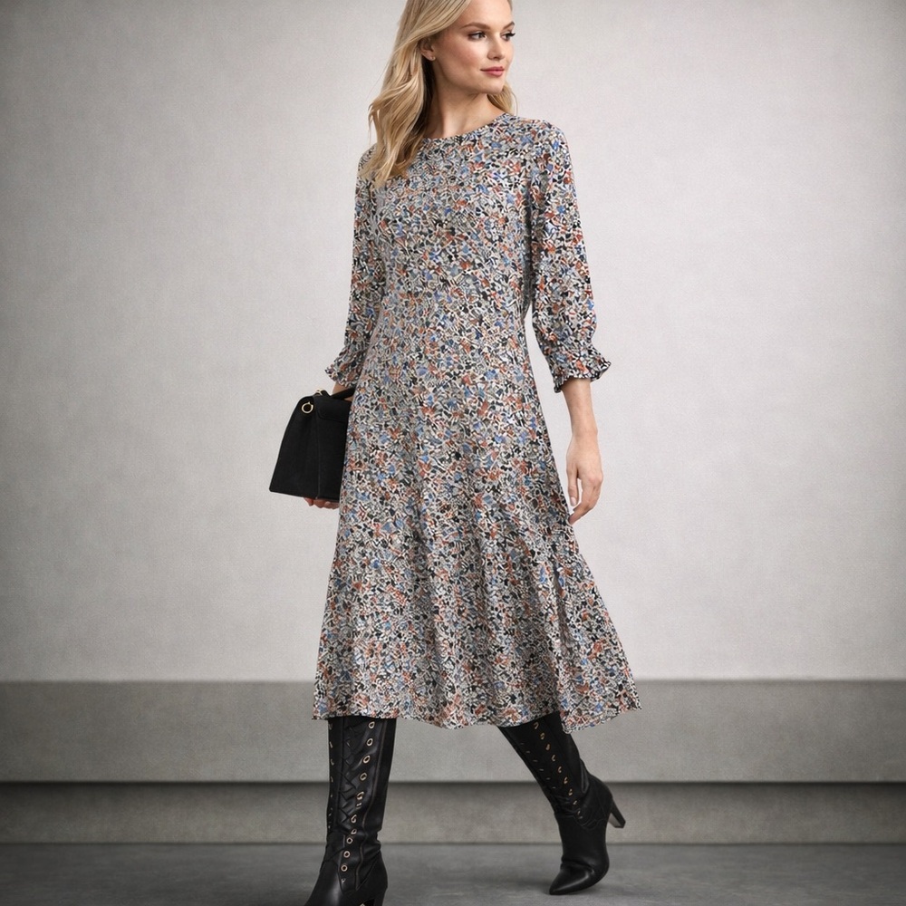 EPIK Floral Midi Dress Long Sleeve Smocked‎ Cuff Boho Cottagecore Size S